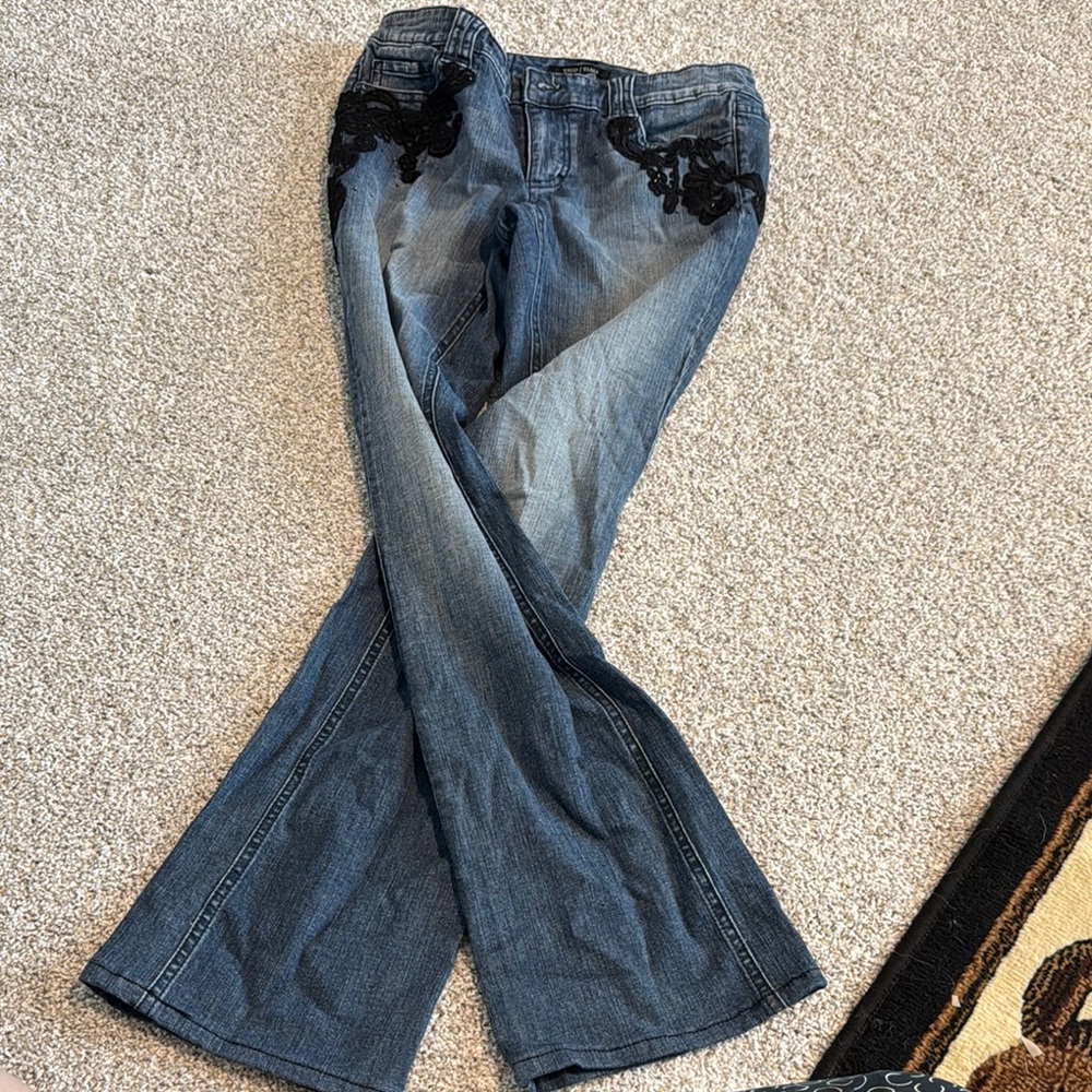 White House Black Market Blue Flare Jeans with Black Lace
